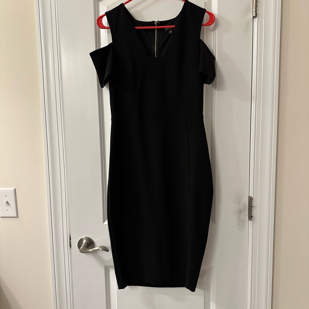 Express. Black. Cold shoulder pencil dress with small slit. Gold zipper. Size 6